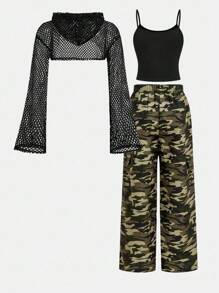 SHEIN Girlism 3 件套青少年女孩连帽网眼短款上衣、吊带背心和迷彩工装裤，休闲街头风格服装，秋季 - 彩色 - 查看 2