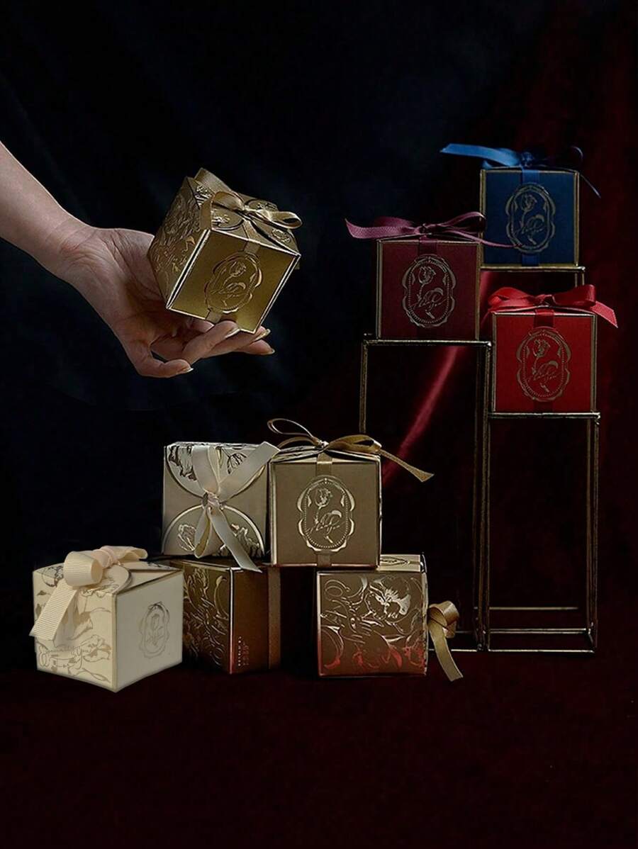 10 件/包豪华金箔盒，派对礼品婚礼装饰 - 米色 - 查看 1