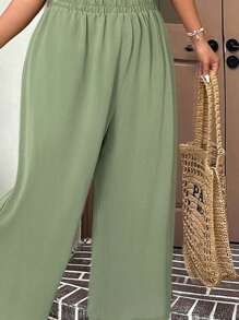 SHEIN EZwear Plus Size Mint Green Casual Loose Straight Leg Cropped Pants,Business Casual Woman, Split Hem Pants, High Waisted Pants, Wide Leg Pants, Summer Pants