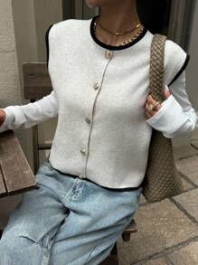 Siren Gaze 女士撞色镶边圆领休闲百搭短款针织背心，杏色针织开衫金属纽扣款针织背心外套，针织毛衣，秋冬四季皆宜 - 杏色 - 查看 5