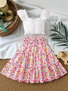 SHEIN Vintaside Kids Tween Girl Ruffle Trim Top & Floral Print Ruffle Hem Skirt - Multicolor - View 1
