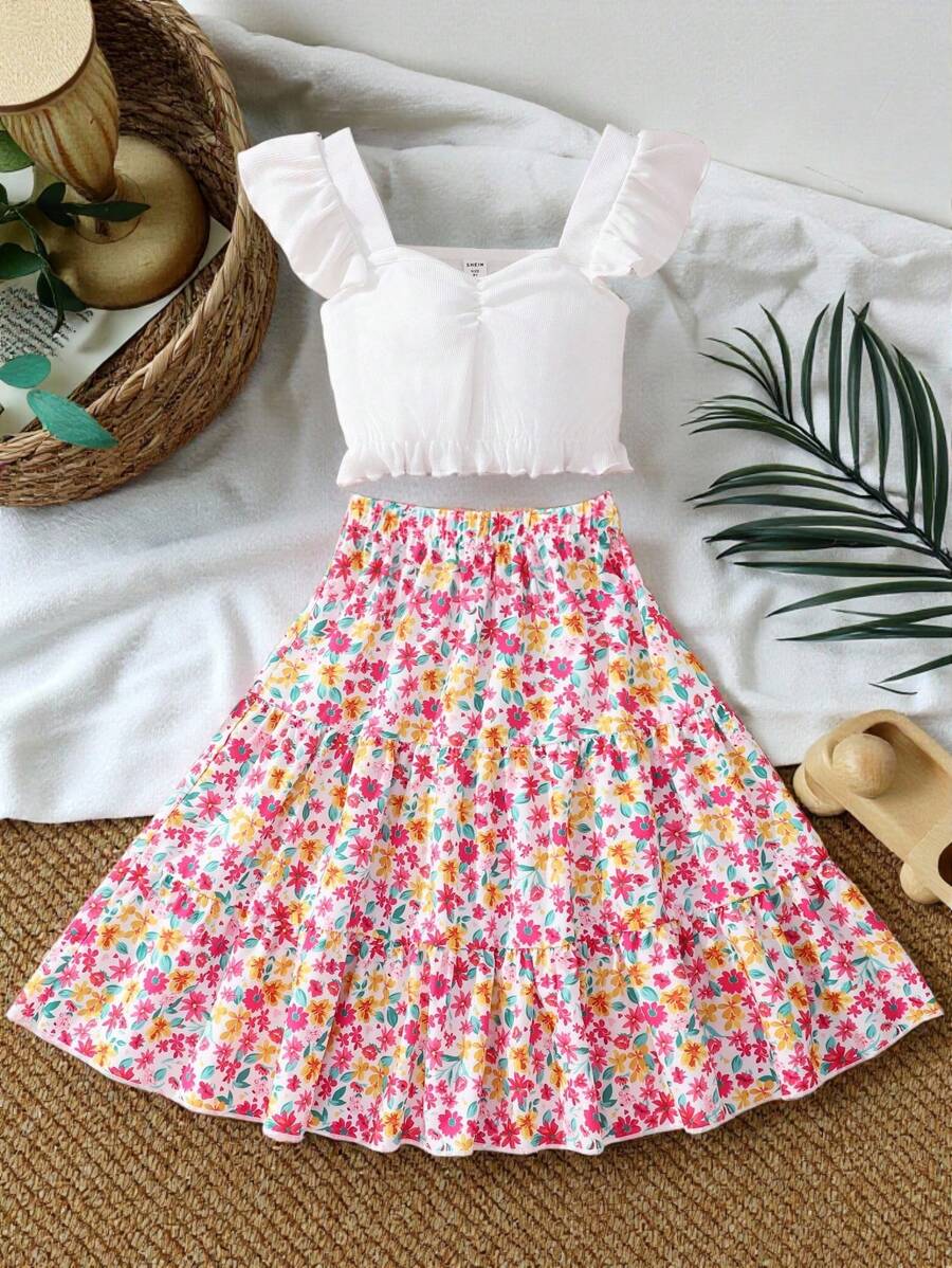 SHEIN Vintaside Kids Tween Girl Ruffle Trim Top & Floral Print Ruffle Hem Skirt - Multicolor - View 1