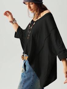 Bohemela Áo thun dệt kim cổ chữ V rộng rãi, giặt sạch cỡ lớn - màu đen - Xem 6