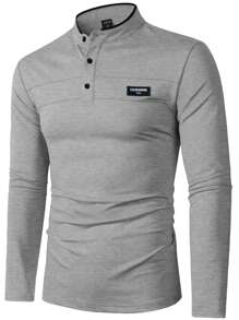 Manfinity Homme 男士字母印花长袖休闲通勤 Polo 衫 男士亨利衫 长袖灰色男士衬衫 男士长袖 T 恤 男士休闲长袖衬衫 长袖亨利衫 灰色男士衬衫，Old Money 风格 - 灰色 - 查看 3