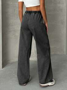 EURMUSE Casual Washed Drawstring Waist Straight Leg Jeans - Dark Grey - View 2