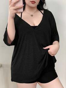 Dazy Plus Camisa tipo cubre con cuello en V profundo, manga corta y holgada, para el verano