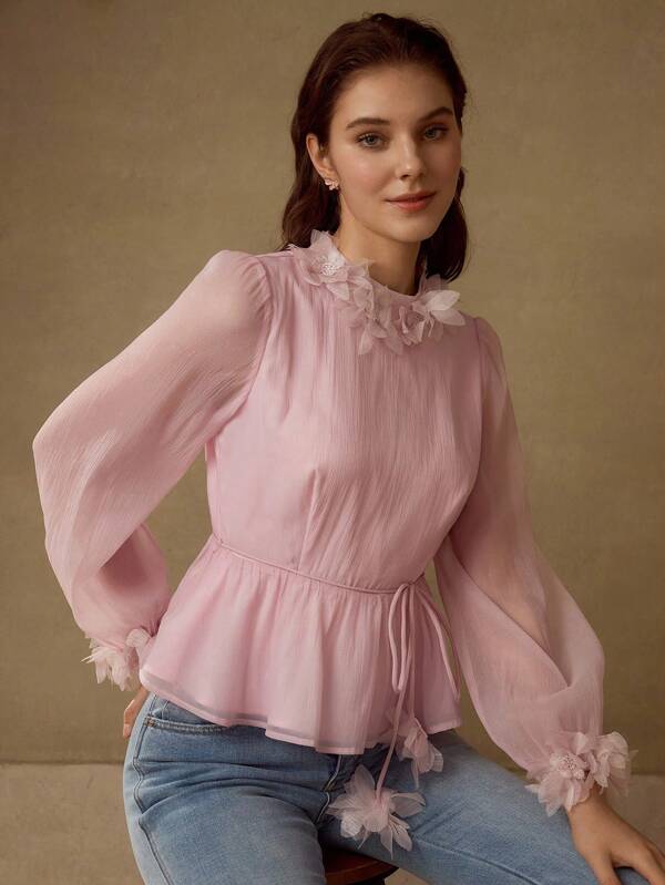 MOTF PREMIUM Chemise décontractée rose à manches bouffantes, taille resserrée, col à application