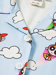 THE POWERPUFF GIRLS X SHEIN Young Girl Blossom, Bubbles, Buttercup Pattern Knit Turndown Collar Top & Pants 2-Piece Pajama Set, Autumn/Winter Fall - Baby Blue - View 3