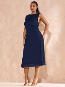 SHEIN BAE 大码女式黑色网眼优雅中长紧身 A 字针织连衣裙，适合毕业典礼、婚礼、法式风格、晚礼服、生日、伴娘、简约优雅的日常/婚礼/伴娘礼服、鸡尾酒会礼服 - 藏蓝色 - 查看 6