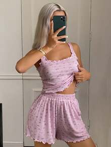 DAZY 2pcs/Set Women Comfy Ditsy Floral Pajama Set - Baby Pink - View 1