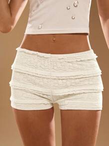 SHEIN BAE 纹理蕾丝低腰迷你短裤夏季假日海滩派对波西米亚风格，波西米亚风女装，优雅，假日，电子音乐节， - 杏色 - 查看 6