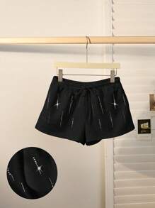 INAWLY Short casual de moda con cintura de cordón y decoración de strass para mujeres - Negro - Ver 3