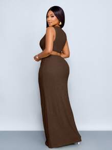 SOLERSUN Váy dài gợi cảm mùa xuân và mùa hè vải kết cấu màu trơn cỡ lớn cho nữ, eo khoét sâu, xẻ cao, kỳ nghỉ ở bãi biển - Cà phê nâu - Xem 2