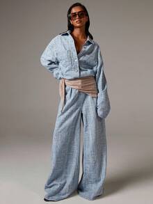 Athîral Autumn New Women's Chambray Denim Drop Shoulder Long Sleeve Wide Leg Denim Jumpsuit, Retro, Business Casual Women's Wear, 90s Fashion, Light Blue, Mopping Pants, Wide Leg Denim Jumpsuit, Suitable For Going Out And Partying