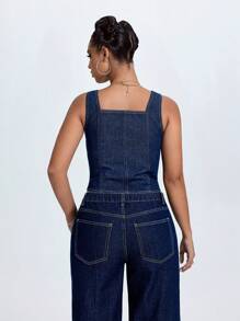 Jeanoix 大码女装夏季新款U领高腰牛仔背心夹克 - 藍色 - 查看 2