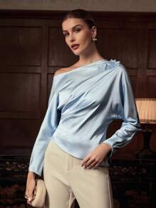 ZEYLAH 3D Flower Decor Oblique Shoulder Long Sleeve Elegant Waist Cinched Blouse, Early Autumn - Blue - View 7