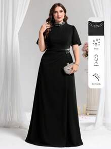 Coutiva Plus Size Formal Cocktail Dress, Solid Color Short Sleeves, Fashionable For Summer, Party Dress, Gown, For Evening, Wedding Guest - Black - View 1