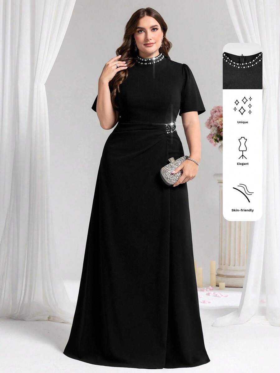 Coutiva Plus Size Formal Cocktail Dress, Solid Color Short Sleeves, Fashionable For Summer, Party Dress, Gown, For Evening, Wedding Guest - Black - View 1