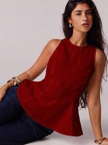 Avantive 女式休闲纯色无袖短款上衣，夏季 - 酒紅色 - 查看 1