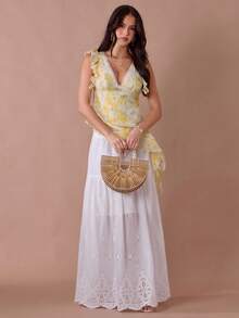 Enchnt Summer/Fall Romantic Women's Butter Yellow Lace Floral Print Asymmetric V-Neck Sleeveless Ruffle Hem Blouse - Yellow - View 3