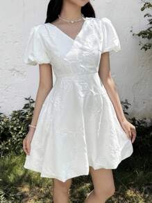 SHEIN 少女优雅提花纹理泡泡袖法式公主裙，适合海滩度假 - 白色 - 查看 3