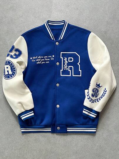 SHEIN 青少年男孩休闲运动字母和熊印花棒球领宽松拼色长袖夹克，适合通勤、上学、休闲、度假、健身、秋冬