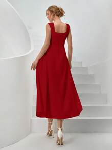 CLARA VERO 女士纯色梭织春夏季度假装长款衬衫裙系带低 V 腰侧开衩蓬蓬裙 - 紅色 - 查看 2