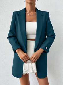 EURMUSE Women's Solid Color Lapel NeckLong Sleeve Casual Commuter Blazer - Teal Blue - View 5
