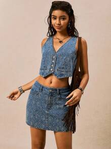 Easelle Women's Rhinestone Denim Vest Jacket, Fashion For Summer - Light Wash - View 3