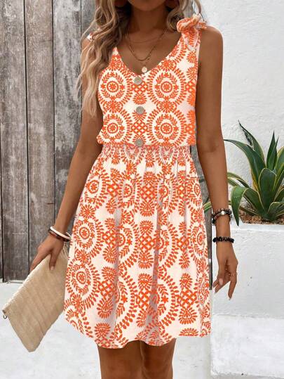 Breezaya Women's Summer Vacation All Over Printed Button Elastic Waist Tie-Front Wrap Dress