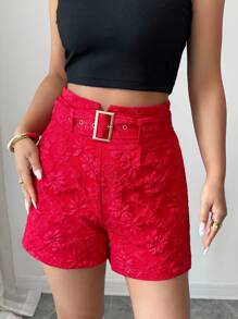 Rafferiza Islaluna Women's Elegant Jacquard High Waist Loose Casual Shorts Red Shorts For Women Shorts With Belt Vacation - Burgundy - View 1