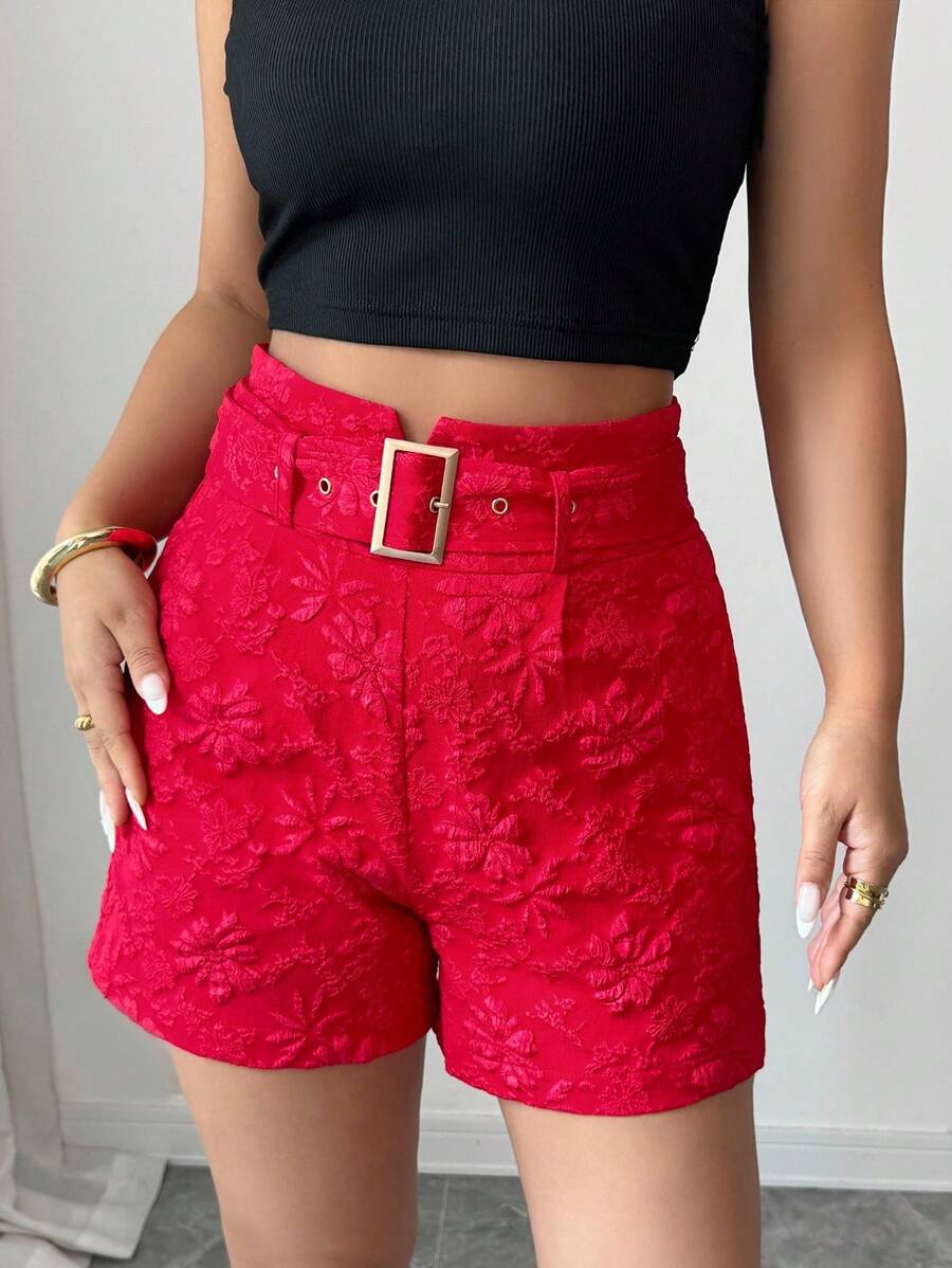 Rafferiza Islaluna Women's Elegant Jacquard High Waist Loose Casual Shorts Red Shorts For Women Shorts With Belt Vacation - Burgundy - View 1