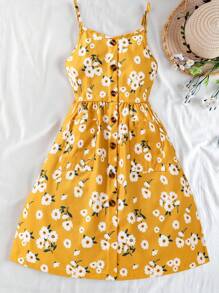 SHEIN 女孩印花前紐扣吊帶連衣裙 - 黃色 - 查看 1