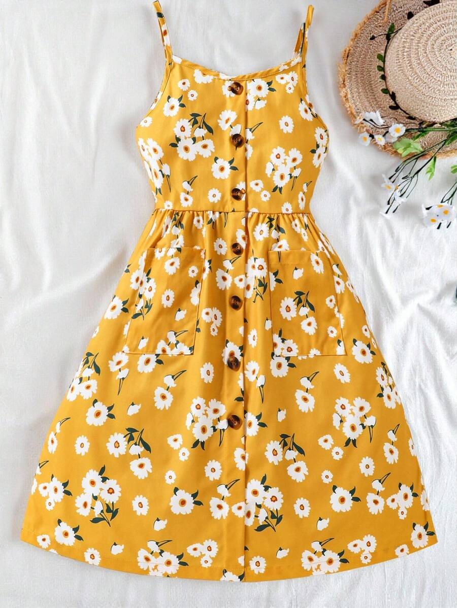 SHEIN 女孩印花前紐扣吊帶連衣裙 - 黃色 - 查看 1