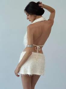 Aloruh 全新性感 Y2K 风格低胸露背短款上衣和低腰 A 字裙两件套，海滩度假 - 白色 - 查看 2