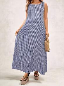 SHEIN LUNE Vestido largo de verano casual y holgado con bolsillos para mujer talla grande a cuadros
