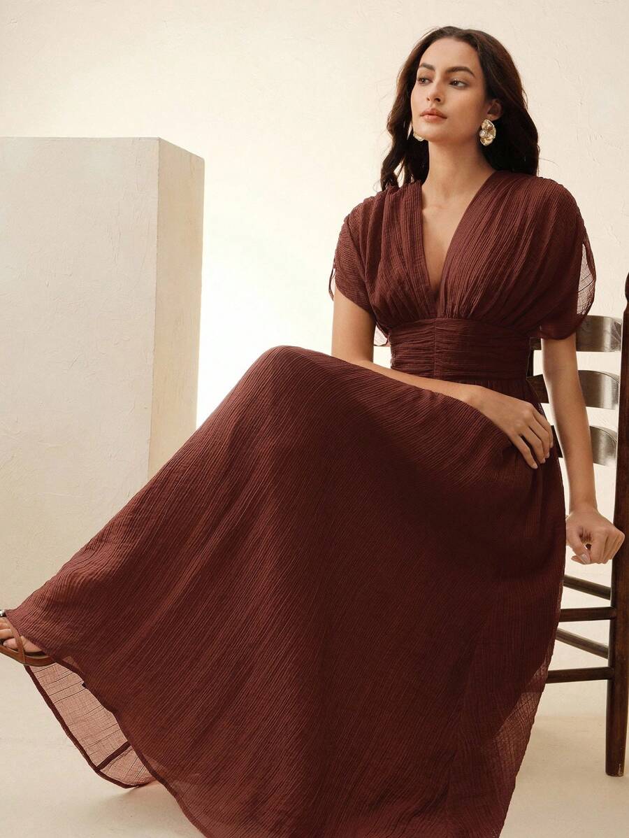 Anewsta Vestido con cuello en V, hombros drapeados, mangas y cintura definida, atuendo de vacaciones y playa, para primavera y verano - Óxido marrón - Ver 1