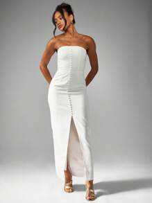 MISSGUIDED Elegant Strapless Button Front Maxi Dress Wedding Reception Evening Gown Front Slit Special Occasion High Fashion Fitted Long Column Dress - White - View 1