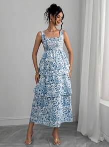 SHEIN Women's Elegant Floral Print Casual Sleeveless Maternity Dress - Blue and White - View 4