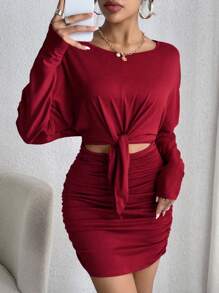 Wine Red Flare Sleeve Tie-Up Hollow-Out Ruched Bodycon Dress Fall Cloth For Women - Burgundy - View 1