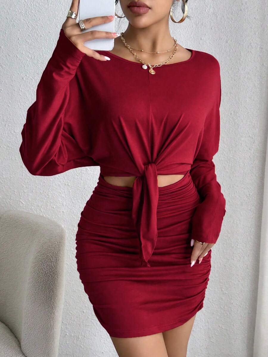 Wine Red Flare Sleeve Tie-Up Hollow-Out Ruched Bodycon Dress Fall Cloth For Women - Burgundy - View 1