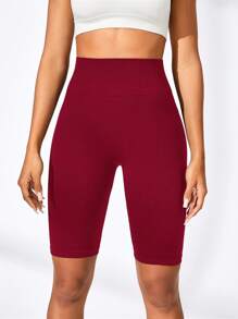 Easithlete 简约纯色高腰无缝运动短裤机车短裤女式收腹酒红色机车短裤高腰机车短裤收腹瑜伽短裤女式高腰运动短裤 - 酒紅色 - 查看 5