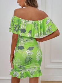 Selianne Plants Print Off Shoulder Ruffle Trim Ruched Bodycon Dress Vacation Beach Outfits Women - Green - View 2