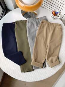 SHEIN Quần dài rộng rãi thoải mái phong cách học viện thường ngày LMoss Kids 4 món/bộ cho bé trai mùa thu, màu trơn, thiết kế nút và túi, rộng rãi, thoải mái, đa năng cho các hoạt động ngoài trời, kỳ nghỉ, tiệc tùng, trường học, mặc ở nhà, thích hợp cho mùa xuân và mùa hè - Nhiều màu - Xem 8