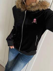 SHEIN EZwear 女士骷髅刺绣仿皮草装饰连帽衫 - 黑色 - 查看 5