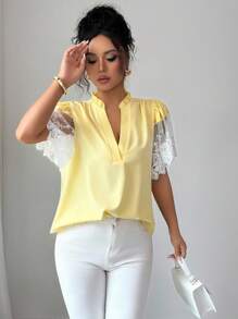Elenzga Women's Fashion Lace Splice Sleeve V-Neck Blouse