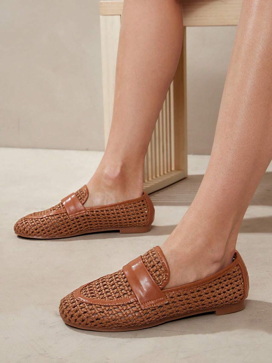 SHUZIA Fashionable & Versatile Crochet Raffia Loafers, Casual Ladies Flat Shoes - Maroon - View 1