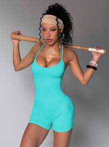 Slayform Women's Solid Color Backless Halter Neck Romper Jumpsuit - Blue - View 3