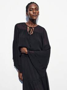 Maija 女式纯色系带荷叶边喇叭袖宽松时尚上衣 - 黑色 - 查看 7