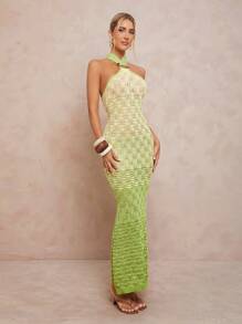 Lumalex Fall Modest Old Money Coquette Glitter Holiday Party Outfit Rave Festival Outing  Swim Vacation Bohemian BOHO Sea Beach Hot Outdoor Richly Layered Wedding Season Banquet Coming Of Age Ceremony Beach Seaside Halter Fitted Gradient Sweater Dress For Women Crochet Maxi Dress Lime Green Maxi Dress Halter Neck Crochet Dress Resort Wear Cruise Dress Sexy Dress